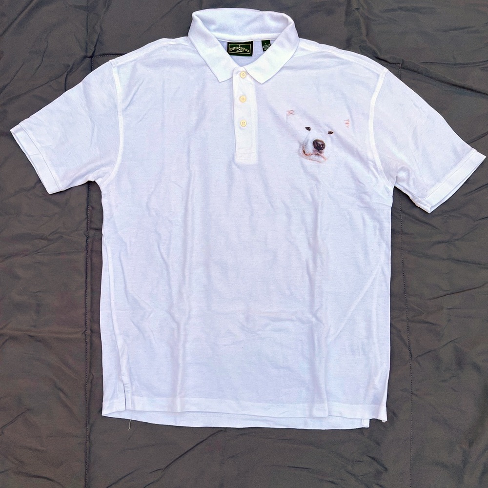 Men’s large white shirt with Samoyed on left chest